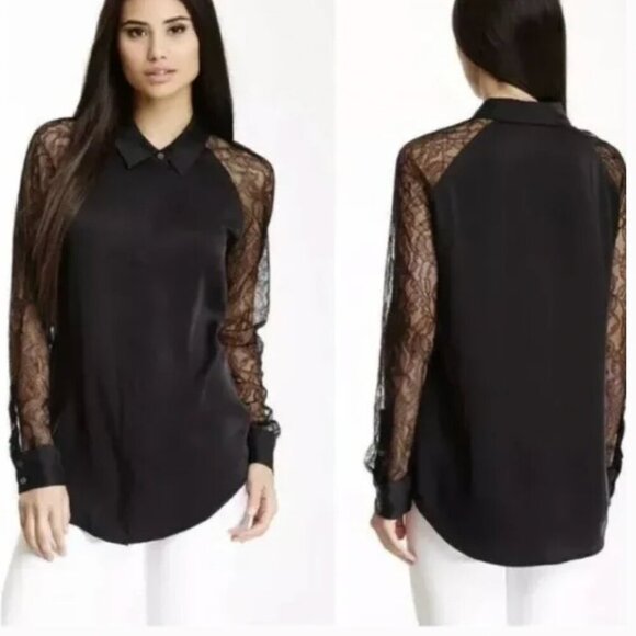 EUC Equipment 100% Silk Femme Quinn Contrast Blouse w/ Lace Sleeves Size Small - Picture 1 of 10